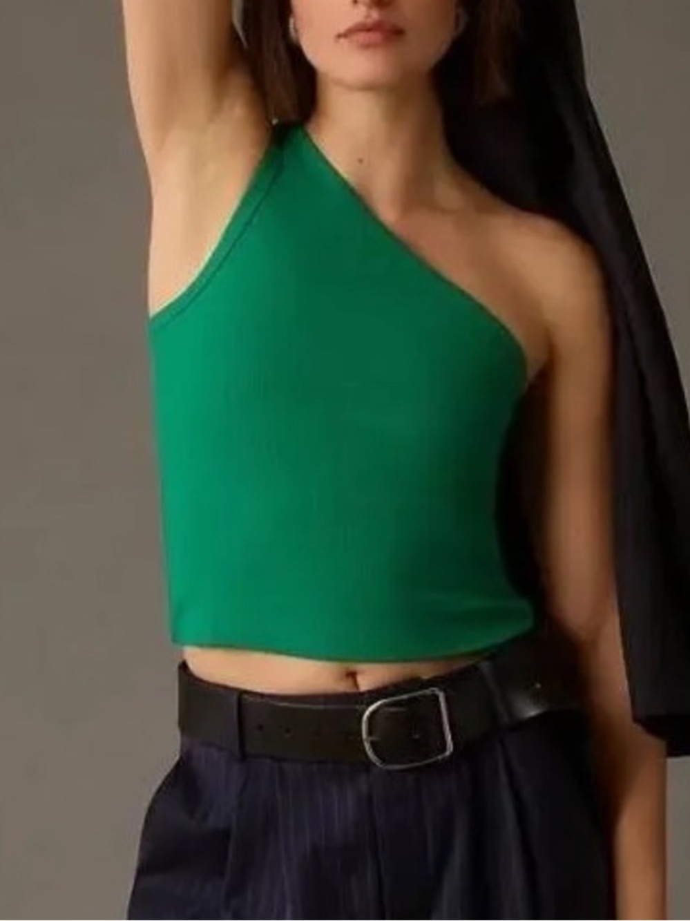 Pilcro Anthro Womens The Zeda Ribbed One Shoulder Green Ribbed Top, Size Small